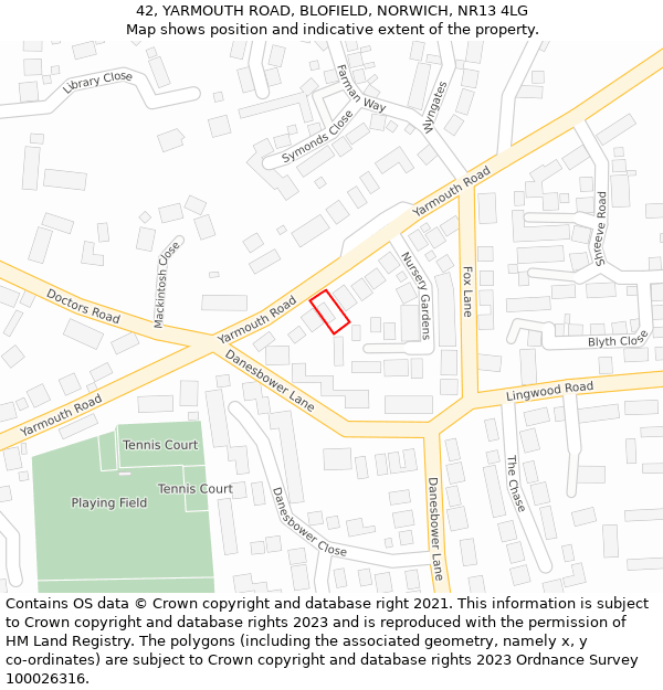 42, YARMOUTH ROAD, BLOFIELD, NORWICH, NR13 4LG: Location map and indicative extent of plot