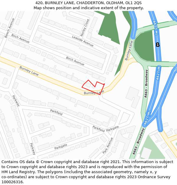 420, BURNLEY LANE, CHADDERTON, OLDHAM, OL1 2QS: Location map and indicative extent of plot