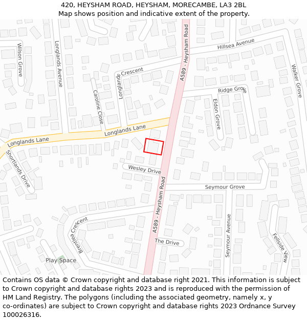 420, HEYSHAM ROAD, HEYSHAM, MORECAMBE, LA3 2BL: Location map and indicative extent of plot