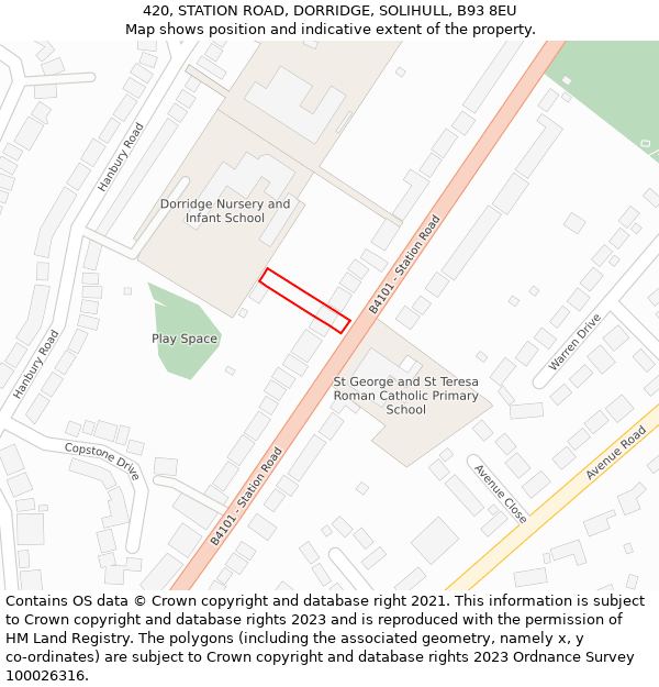 420, STATION ROAD, DORRIDGE, SOLIHULL, B93 8EU: Location map and indicative extent of plot