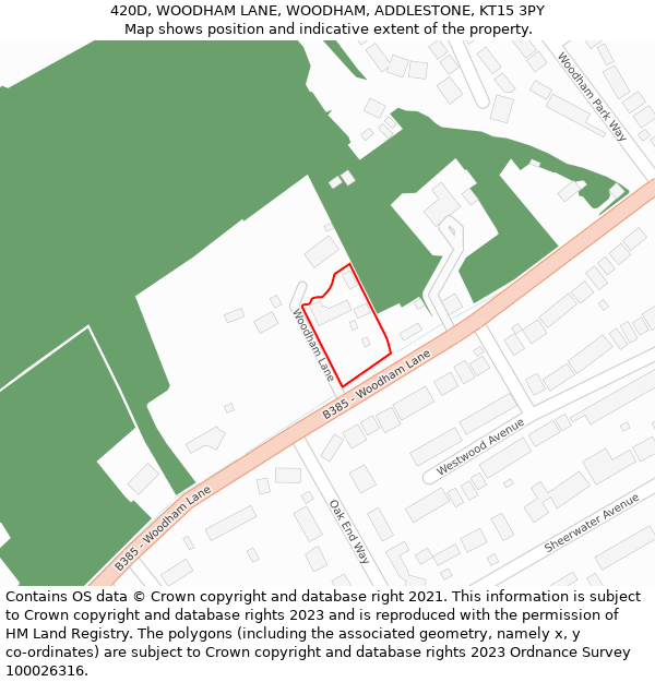 420D, WOODHAM LANE, WOODHAM, ADDLESTONE, KT15 3PY: Location map and indicative extent of plot