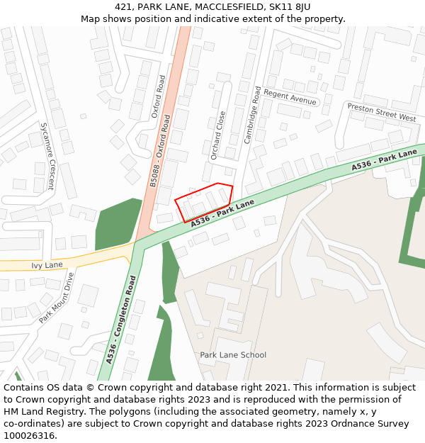 421, PARK LANE, MACCLESFIELD, SK11 8JU: Location map and indicative extent of plot