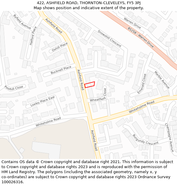 422, ASHFIELD ROAD, THORNTON-CLEVELEYS, FY5 3PJ: Location map and indicative extent of plot