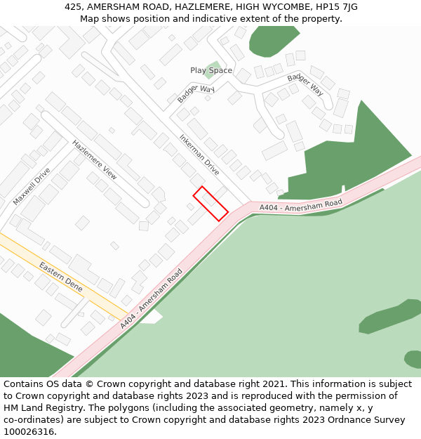 425, AMERSHAM ROAD, HAZLEMERE, HIGH WYCOMBE, HP15 7JG: Location map and indicative extent of plot