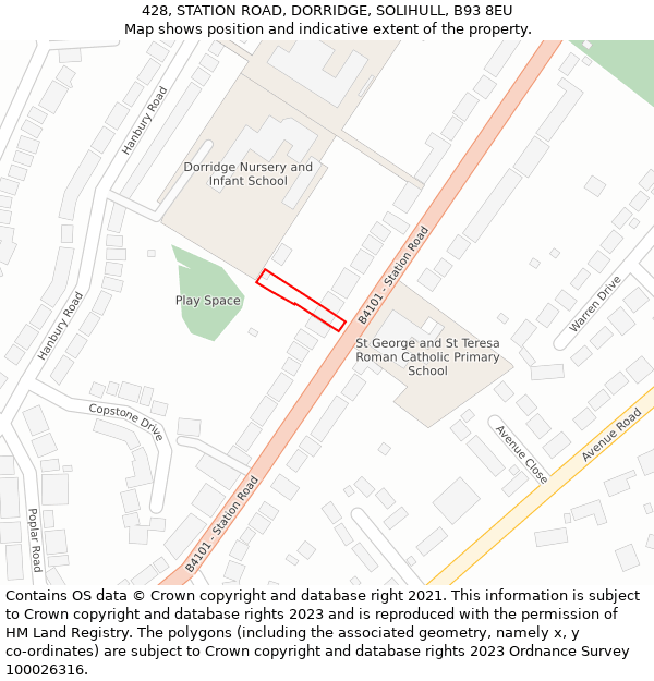 428, STATION ROAD, DORRIDGE, SOLIHULL, B93 8EU: Location map and indicative extent of plot