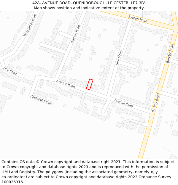 42A, AVENUE ROAD, QUENIBOROUGH, LEICESTER, LE7 3FA: Location map and indicative extent of plot