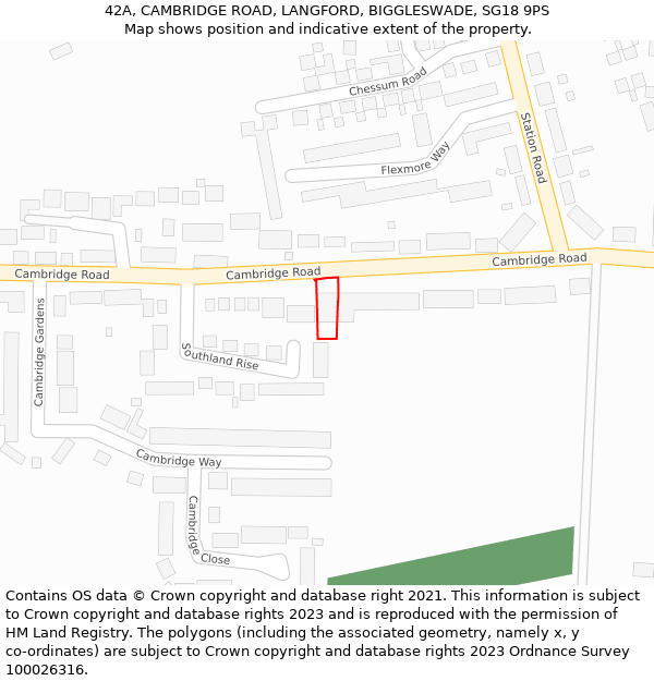 42A, CAMBRIDGE ROAD, LANGFORD, BIGGLESWADE, SG18 9PS: Location map and indicative extent of plot