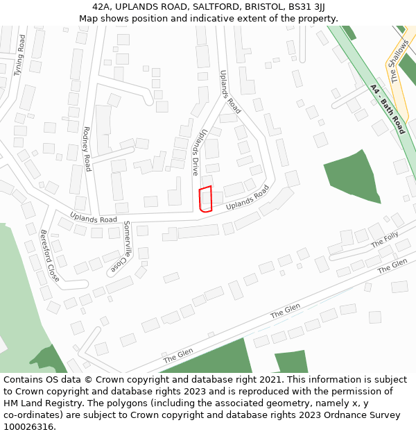 42A, UPLANDS ROAD, SALTFORD, BRISTOL, BS31 3JJ: Location map and indicative extent of plot