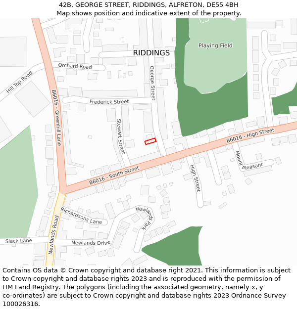 42B, GEORGE STREET, RIDDINGS, ALFRETON, DE55 4BH: Location map and indicative extent of plot