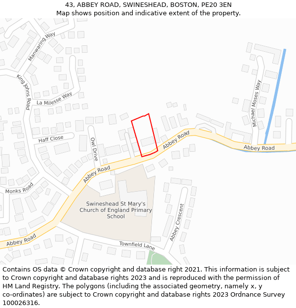 43, ABBEY ROAD, SWINESHEAD, BOSTON, PE20 3EN: Location map and indicative extent of plot