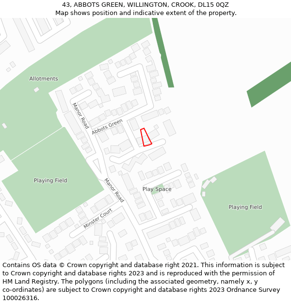 43, ABBOTS GREEN, WILLINGTON, CROOK, DL15 0QZ: Location map and indicative extent of plot