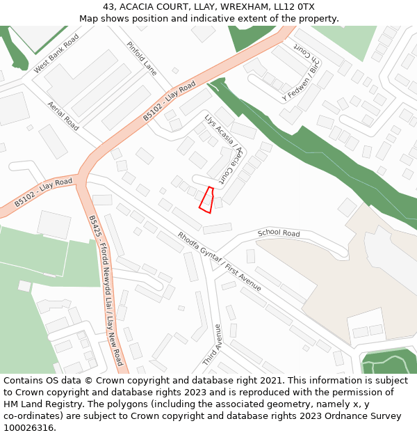 43, ACACIA COURT, LLAY, WREXHAM, LL12 0TX: Location map and indicative extent of plot