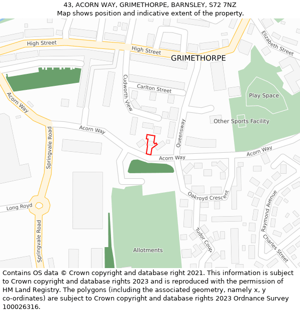 43, ACORN WAY, GRIMETHORPE, BARNSLEY, S72 7NZ: Location map and indicative extent of plot