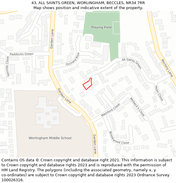 43, ALL SAINTS GREEN, WORLINGHAM, BECCLES, NR34 7RR: Location map and indicative extent of plot