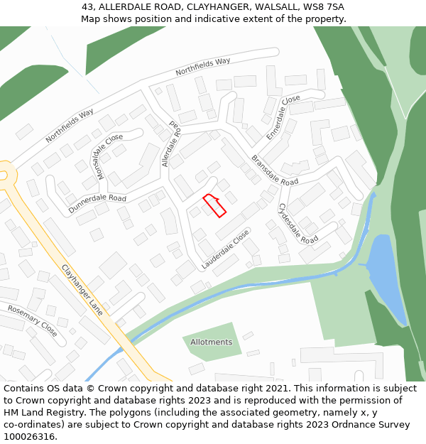 43, ALLERDALE ROAD, CLAYHANGER, WALSALL, WS8 7SA: Location map and indicative extent of plot