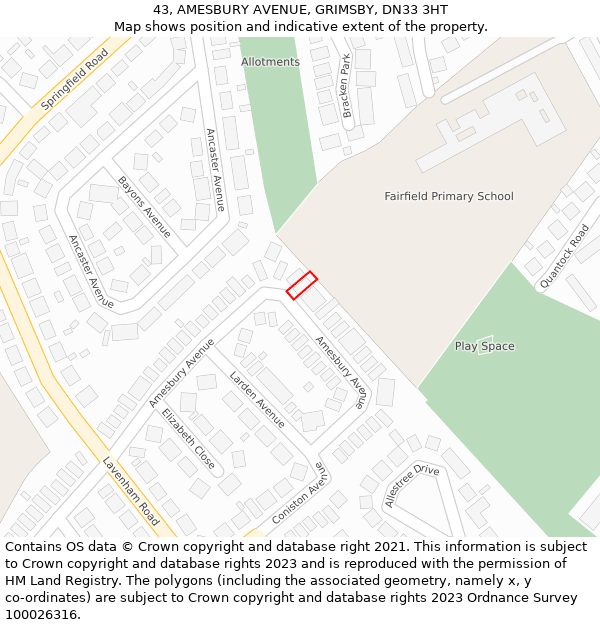 43, AMESBURY AVENUE, GRIMSBY, DN33 3HT: Location map and indicative extent of plot