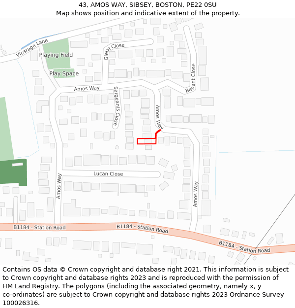 43, AMOS WAY, SIBSEY, BOSTON, PE22 0SU: Location map and indicative extent of plot