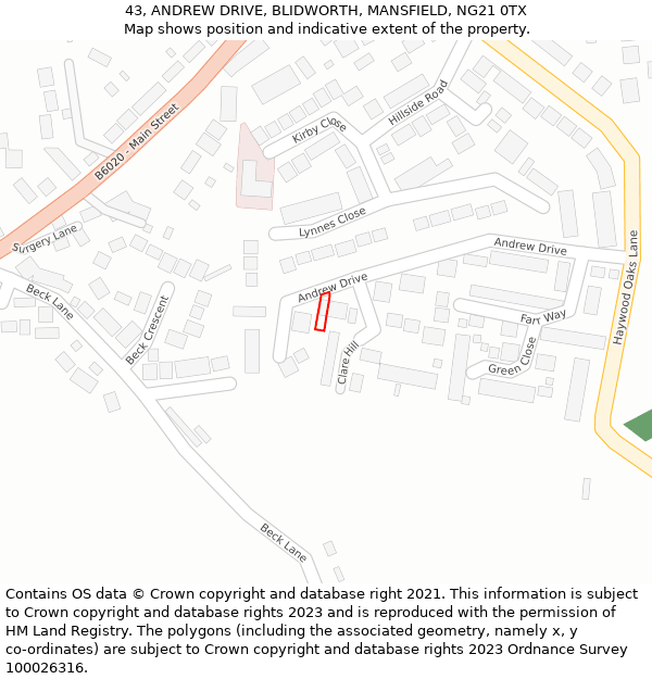 43, ANDREW DRIVE, BLIDWORTH, MANSFIELD, NG21 0TX: Location map and indicative extent of plot