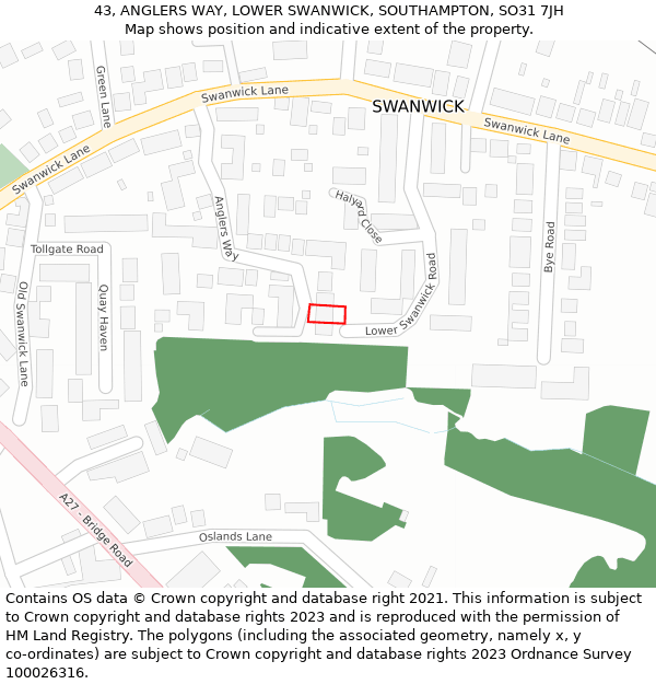 43, ANGLERS WAY, LOWER SWANWICK, SOUTHAMPTON, SO31 7JH: Location map and indicative extent of plot