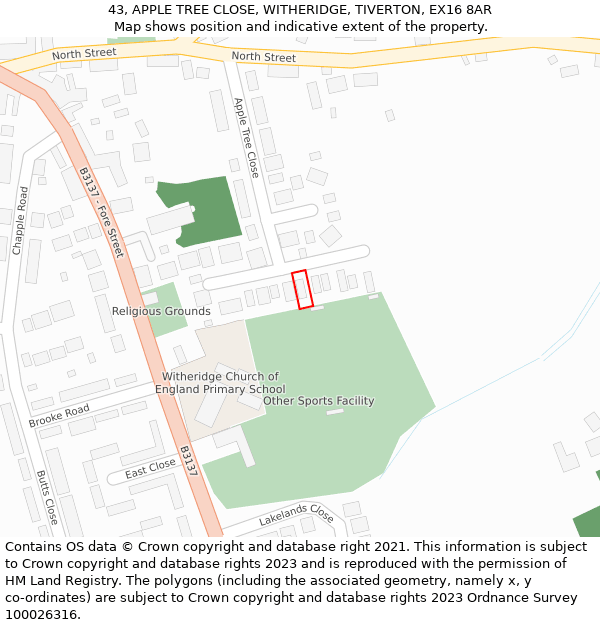 43, APPLE TREE CLOSE, WITHERIDGE, TIVERTON, EX16 8AR: Location map and indicative extent of plot