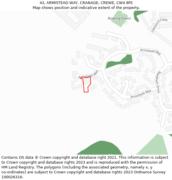 43, ARMISTEAD WAY, CRANAGE, CREWE, CW4 8FE: Location map and indicative extent of plot