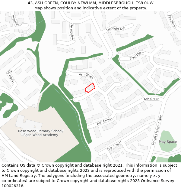 43, ASH GREEN, COULBY NEWHAM, MIDDLESBROUGH, TS8 0UW: Location map and indicative extent of plot