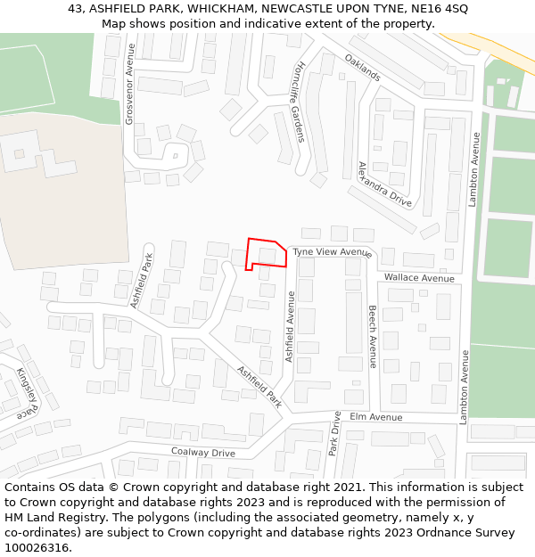 43, ASHFIELD PARK, WHICKHAM, NEWCASTLE UPON TYNE, NE16 4SQ: Location map and indicative extent of plot