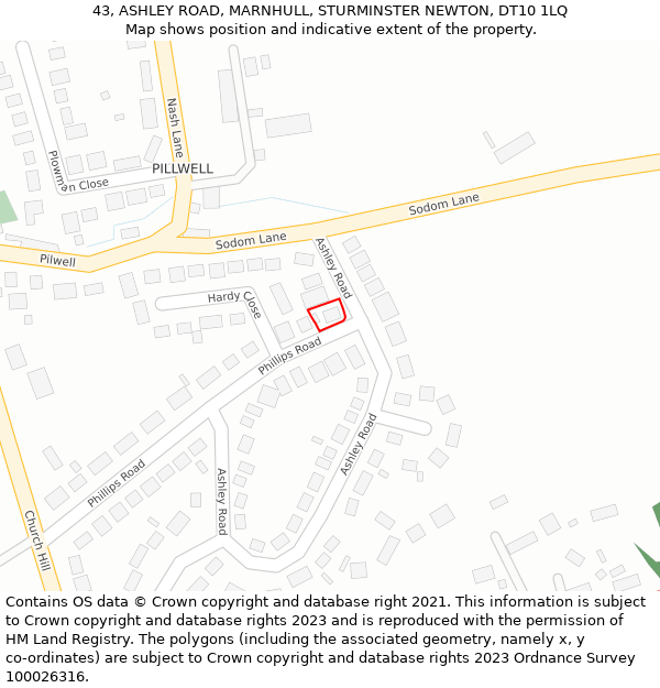 43, ASHLEY ROAD, MARNHULL, STURMINSTER NEWTON, DT10 1LQ: Location map and indicative extent of plot