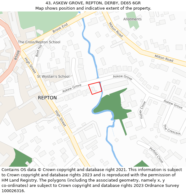 43, ASKEW GROVE, REPTON, DERBY, DE65 6GR: Location map and indicative extent of plot