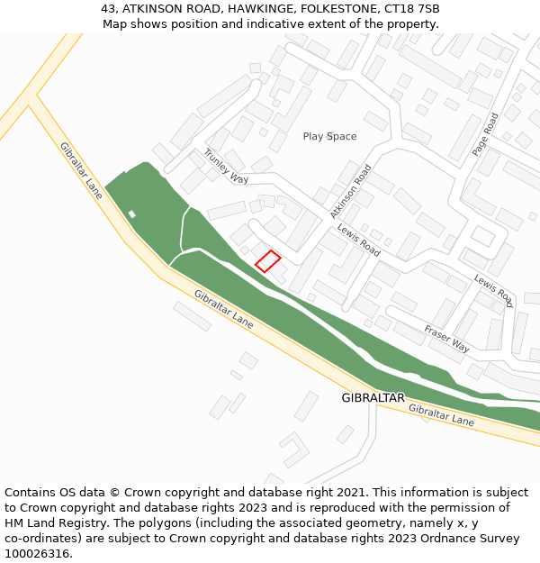 43, ATKINSON ROAD, HAWKINGE, FOLKESTONE, CT18 7SB: Location map and indicative extent of plot