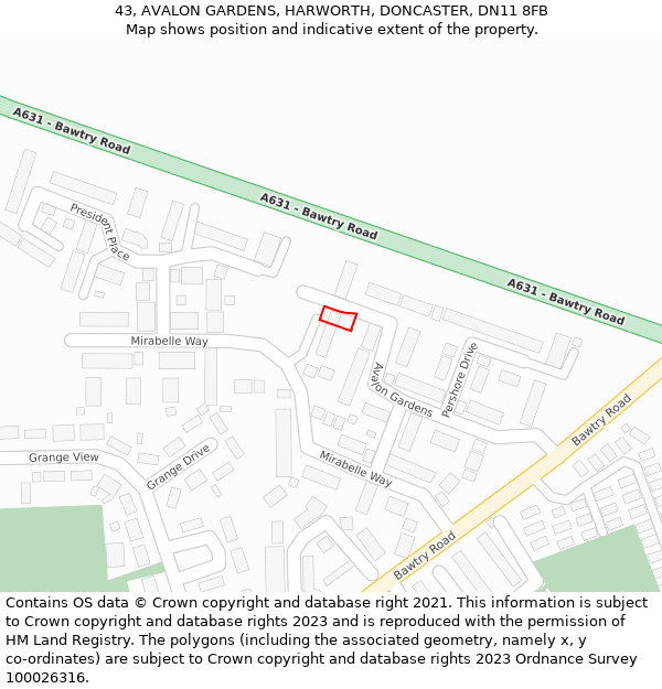 43, AVALON GARDENS, HARWORTH, DONCASTER, DN11 8FB: Location map and indicative extent of plot