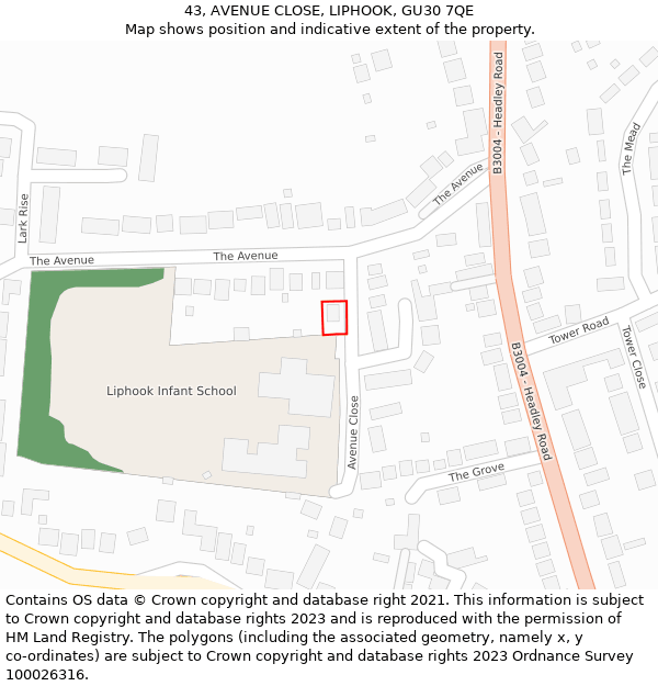 43, AVENUE CLOSE, LIPHOOK, GU30 7QE: Location map and indicative extent of plot