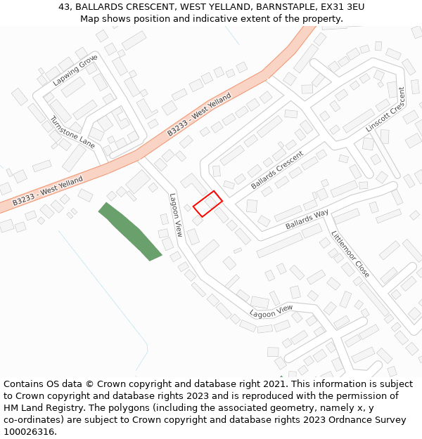 43, BALLARDS CRESCENT, WEST YELLAND, BARNSTAPLE, EX31 3EU: Location map and indicative extent of plot