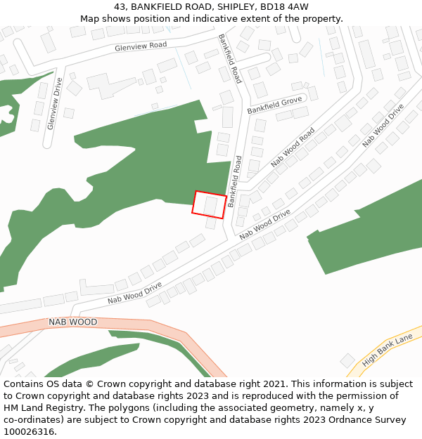 43, BANKFIELD ROAD, SHIPLEY, BD18 4AW: Location map and indicative extent of plot