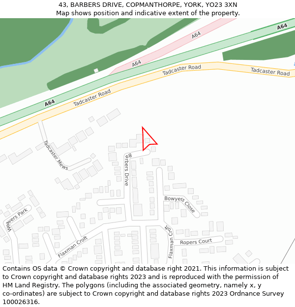 43, BARBERS DRIVE, COPMANTHORPE, YORK, YO23 3XN: Location map and indicative extent of plot