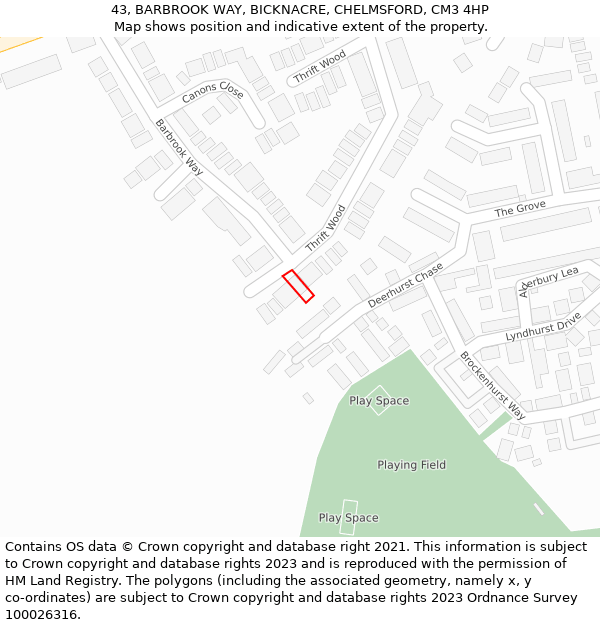 43, BARBROOK WAY, BICKNACRE, CHELMSFORD, CM3 4HP: Location map and indicative extent of plot