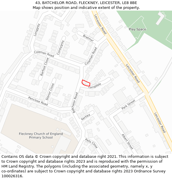 43, BATCHELOR ROAD, FLECKNEY, LEICESTER, LE8 8BE: Location map and indicative extent of plot