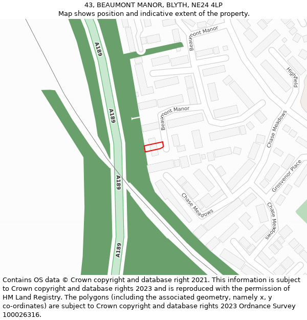 43, BEAUMONT MANOR, BLYTH, NE24 4LP: Location map and indicative extent of plot