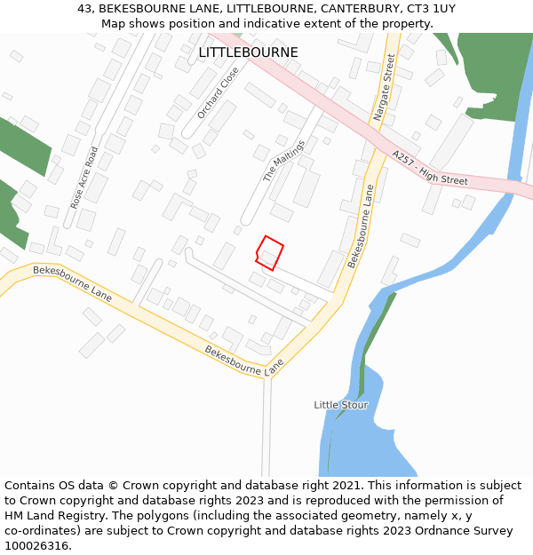 43, BEKESBOURNE LANE, LITTLEBOURNE, CANTERBURY, CT3 1UY: Location map and indicative extent of plot