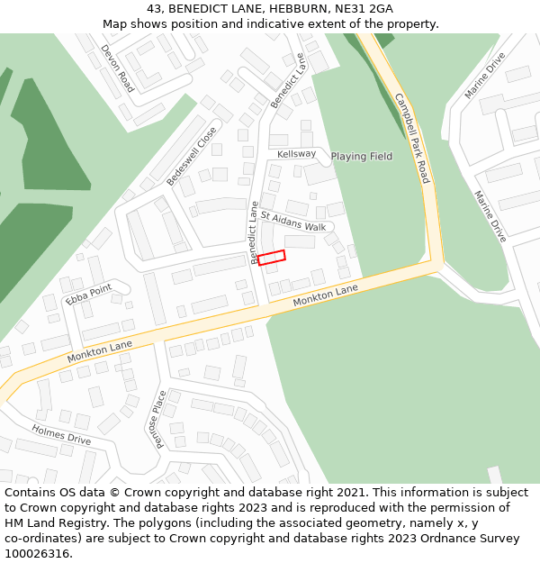 43, BENEDICT LANE, HEBBURN, NE31 2GA: Location map and indicative extent of plot