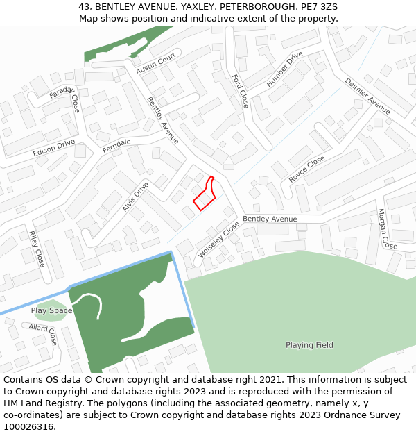 43, BENTLEY AVENUE, YAXLEY, PETERBOROUGH, PE7 3ZS: Location map and indicative extent of plot