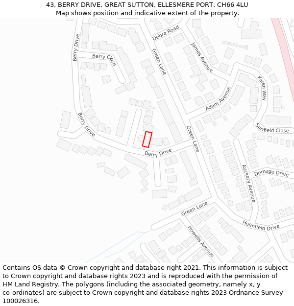 43, BERRY DRIVE, GREAT SUTTON, ELLESMERE PORT, CH66 4LU: Location map and indicative extent of plot