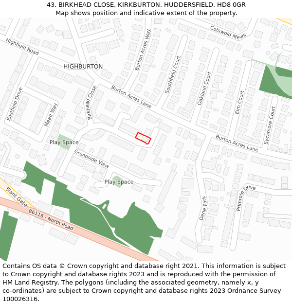 43, BIRKHEAD CLOSE, KIRKBURTON, HUDDERSFIELD, HD8 0GR: Location map and indicative extent of plot