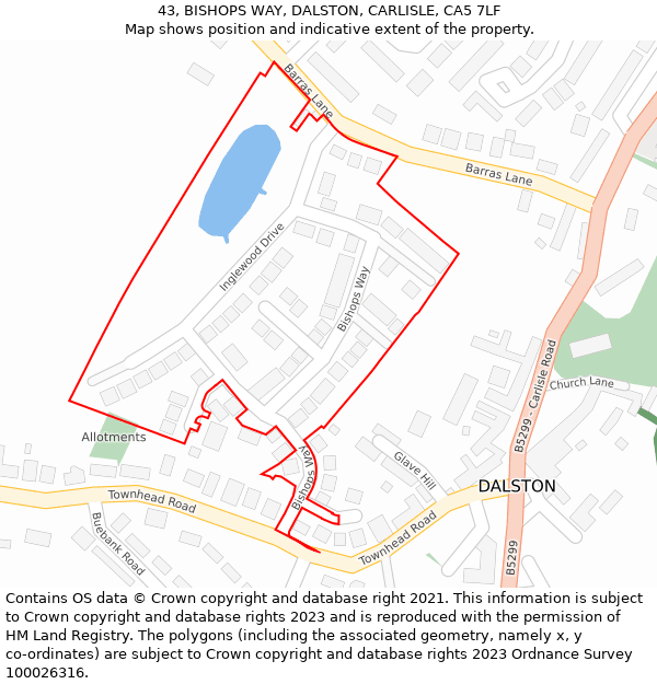 43, BISHOPS WAY, DALSTON, CARLISLE, CA5 7LF: Location map and indicative extent of plot