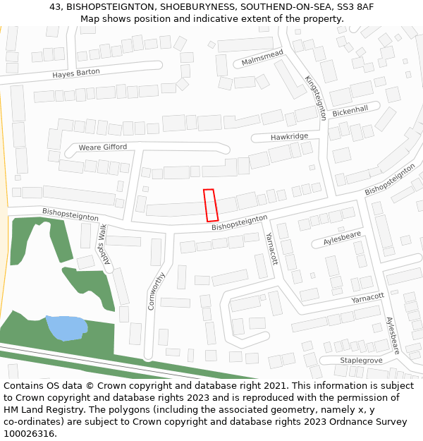 43, BISHOPSTEIGNTON, SHOEBURYNESS, SOUTHEND-ON-SEA, SS3 8AF: Location map and indicative extent of plot