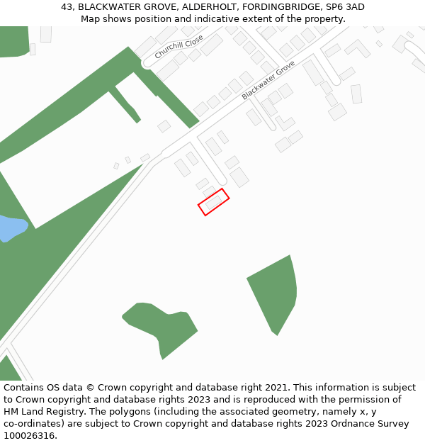 43, BLACKWATER GROVE, ALDERHOLT, FORDINGBRIDGE, SP6 3AD: Location map and indicative extent of plot