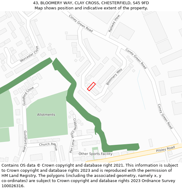 43, BLOOMERY WAY, CLAY CROSS, CHESTERFIELD, S45 9FD: Location map and indicative extent of plot