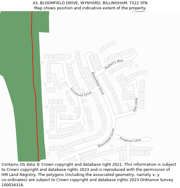 43, BLOOMFIELD DRIVE, WYNYARD, BILLINGHAM, TS22 5FN: Location map and indicative extent of plot