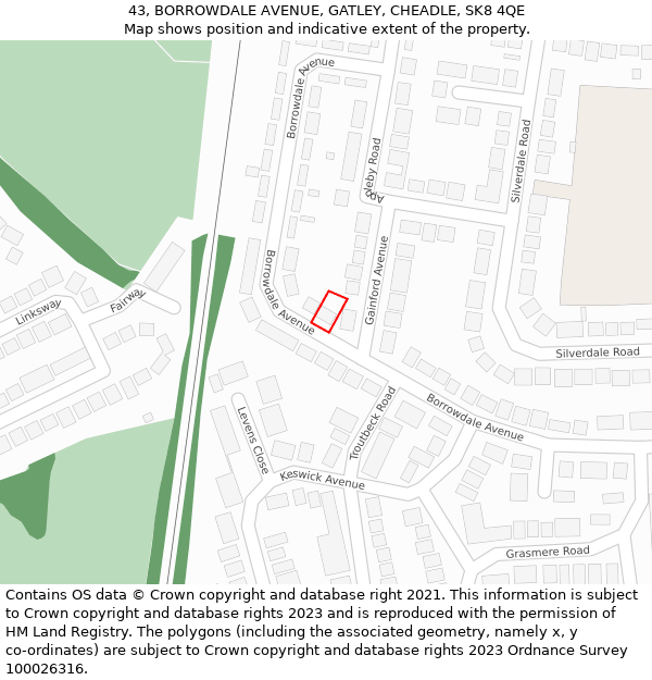 43, BORROWDALE AVENUE, GATLEY, CHEADLE, SK8 4QE: Location map and indicative extent of plot