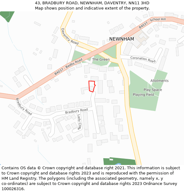43, BRADBURY ROAD, NEWNHAM, DAVENTRY, NN11 3HD: Location map and indicative extent of plot